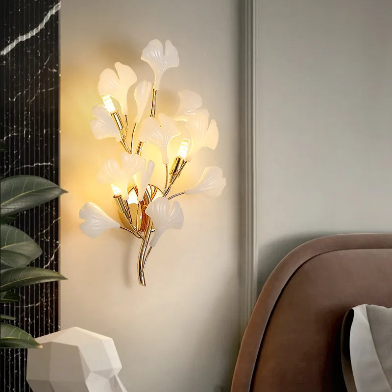 Romantic Flowers Foyer LED Wall Lamp - Ceramics and Leaf Artistic Sconce with Gold Metal Accents for Bedrooms, Hotels, and Artful Decor