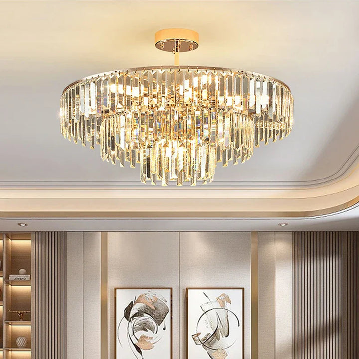 Elegant Modern Crystal Gold Chandelier - Round Smoked Gray Crystal Design - Perfect for Luxury Living Rooms and Bedrooms