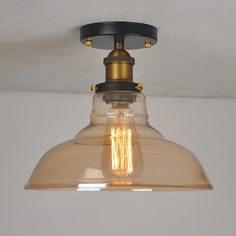 Vintage Industrial Glass and Copper LED Ceiling Light - Stylish Illumination for Aisle, Corridor, Balcony, and Small Bedroom