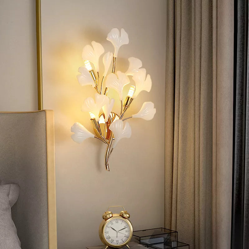Romantic Flowers Foyer LED Wall Lamp - Ceramics and Leaf Artistic Sconce with Gold Metal Accents for Bedrooms, Hotels, and Artful Decor