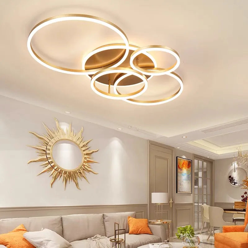 DecorBites™ LED Rings Ceiling Chandelier: Dimmable Living Room Lighting, Modern Parlor Foyer Decor