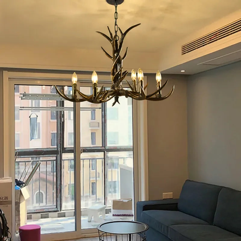 Retro Style Antler Resin Chandelier - Sweeping Gold Spray Paint Finish for Living and Dining Room Home Decor Lighting