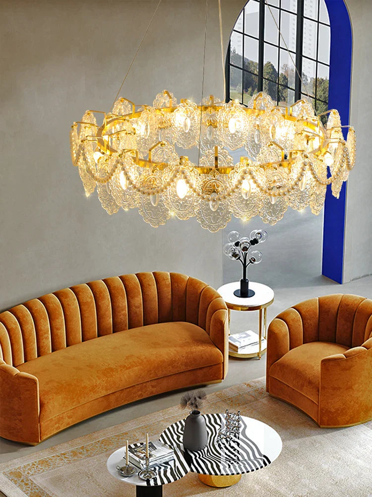 Elegant French Light Luxury Glass Chandelier - Modern Golden Rectangular Dining Room and Living Room Lighting Fixture