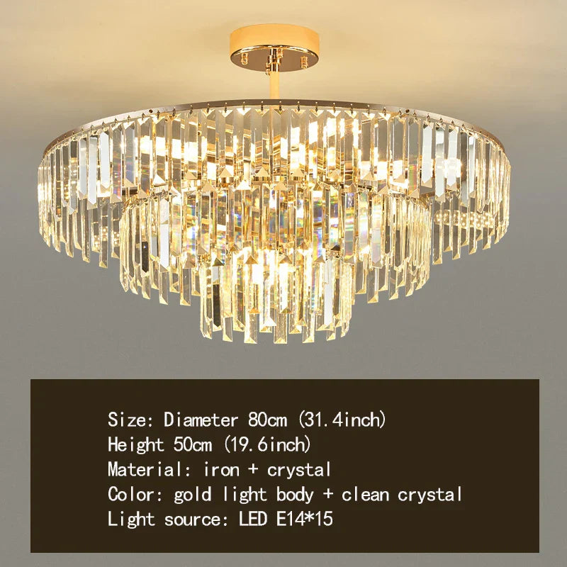 Elegant Modern Crystal Gold Chandelier - Round Smoked Gray Crystal Design - Perfect for Luxury Living Rooms and Bedrooms