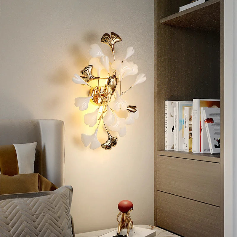 Romantic Flowers Foyer LED Wall Lamp - Ceramics and Leaf Artistic Sconce with Gold Metal Accents for Bedrooms, Hotels, and Artful Decor