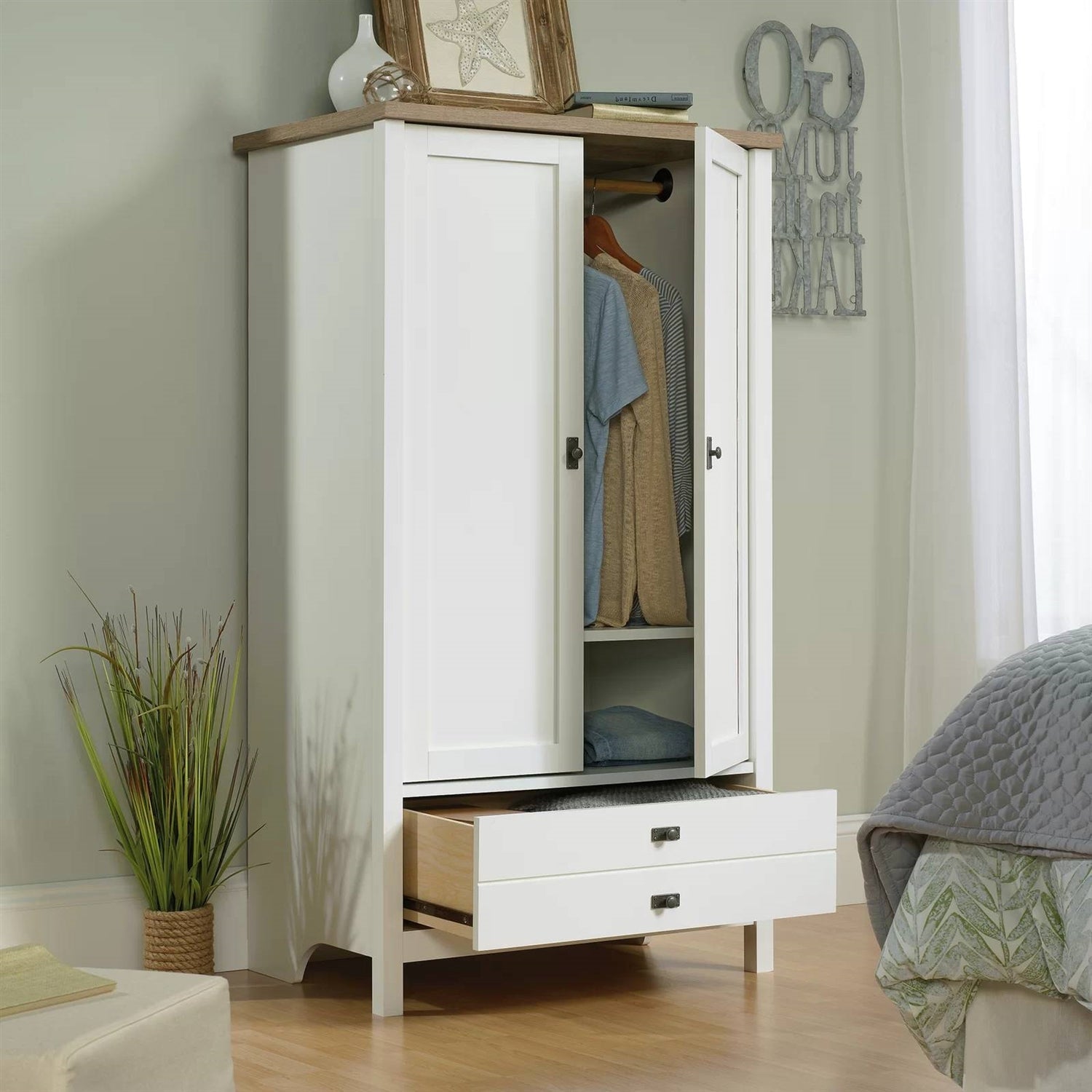 Farmhouse White Wood Armoire Cabinet – Bedroom with Bottom Drawer