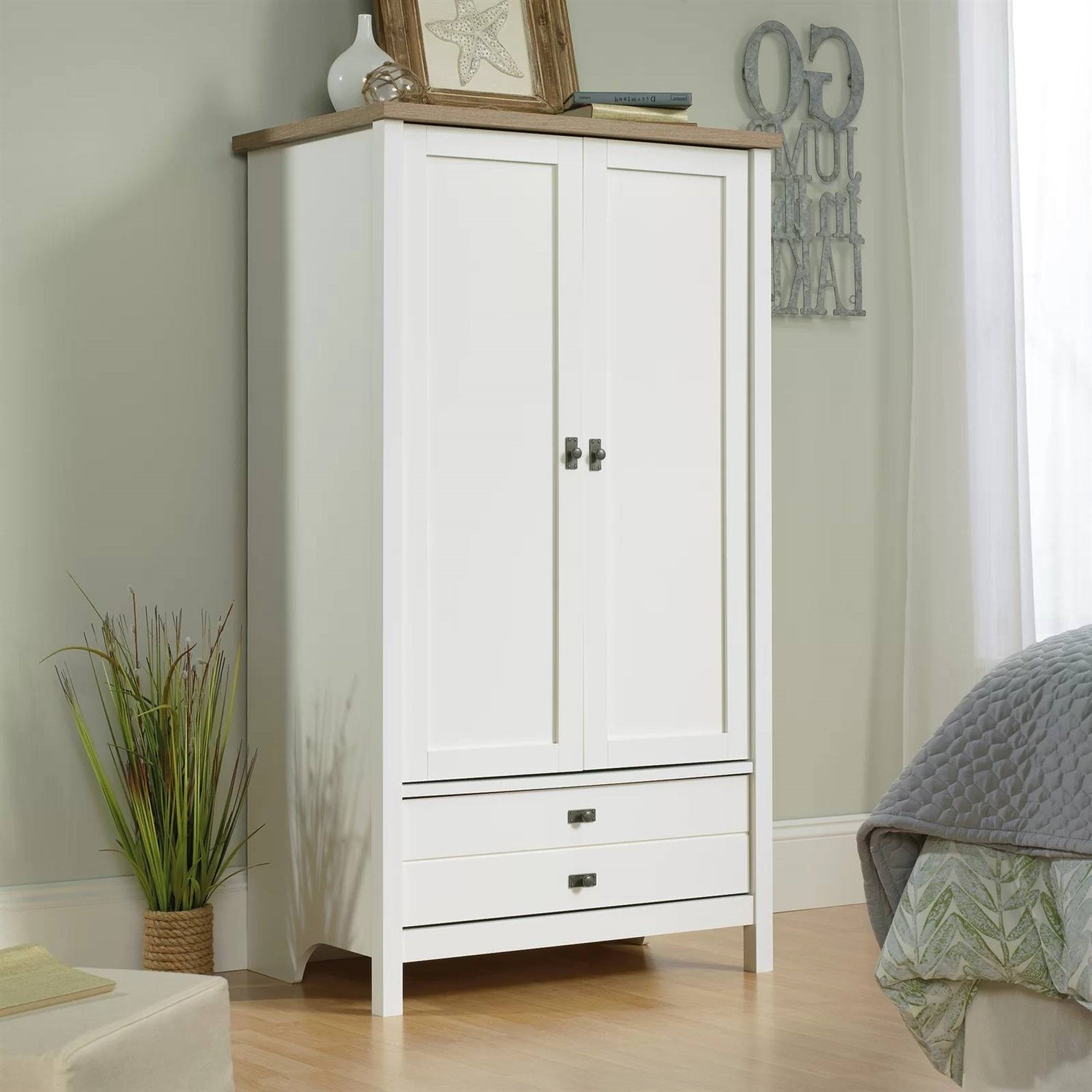 Farmhouse White Wood Armoire Cabinet – Bedroom with Bottom Drawer
