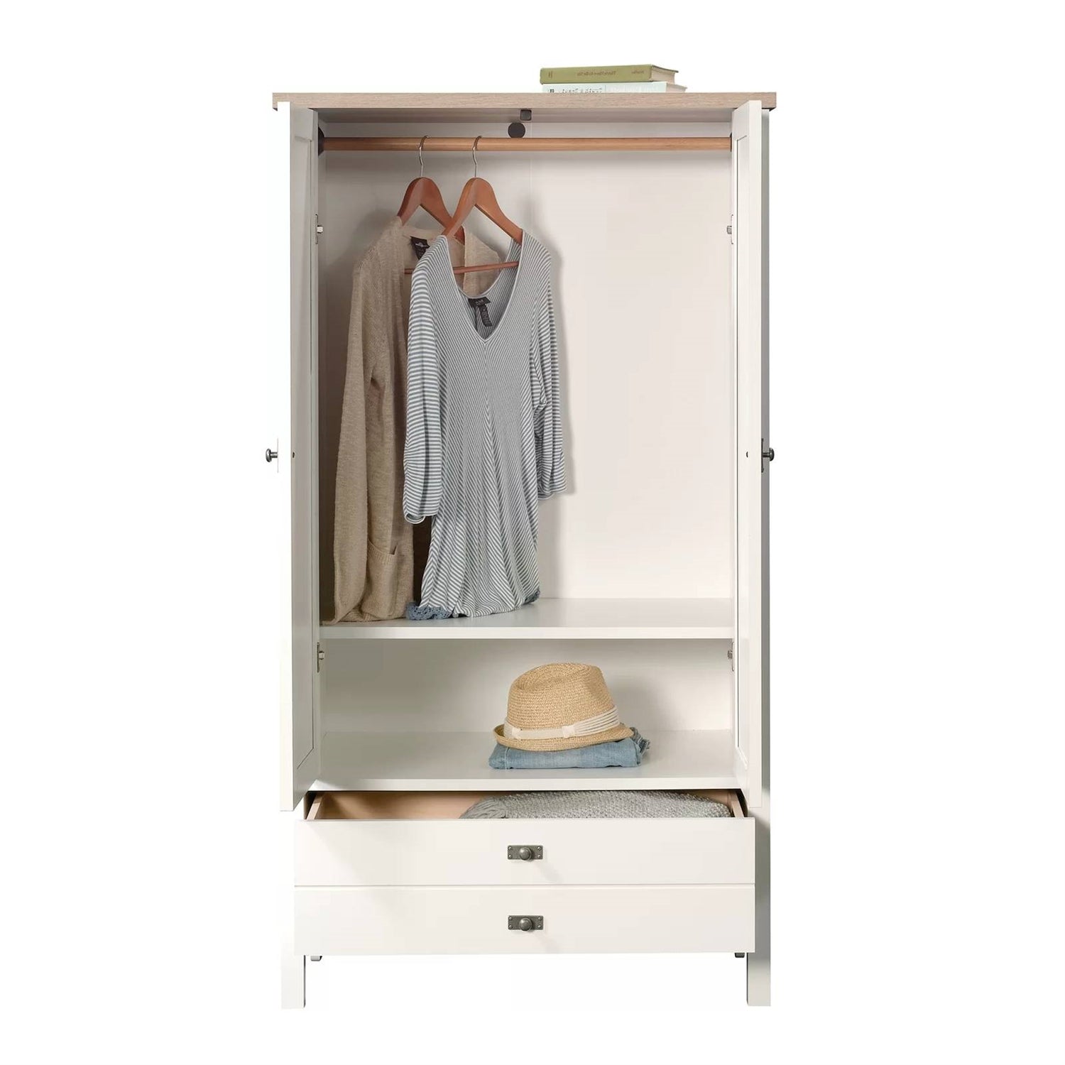 Farmhouse White Wood Armoire Cabinet – Bedroom with Bottom Drawer