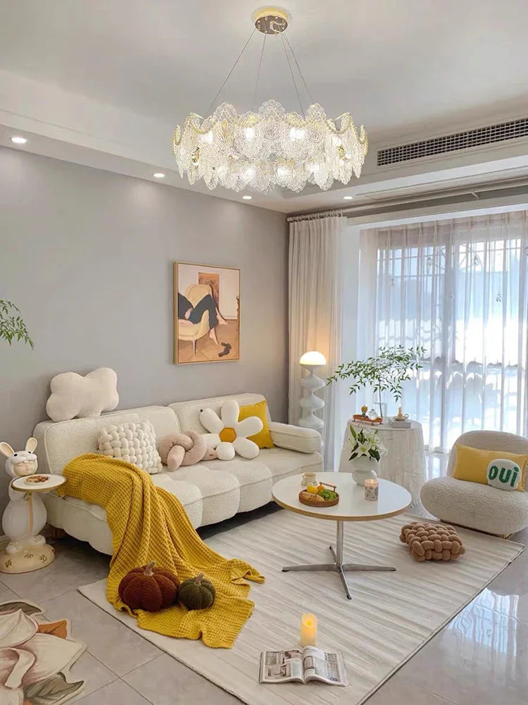 Elegant French Light Luxury Glass Chandelier - Modern Golden Rectangular Dining Room and Living Room Lighting Fixture