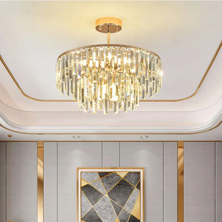 Elegant Modern Crystal Gold Chandelier - Round Smoked Gray Crystal Design - Perfect for Luxury Living Rooms and Bedrooms