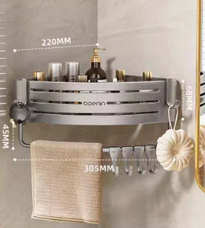 DecorBites™ Corner Shelf with Towel Bar Hook, Aluminum Organizer for Bathroom and Kitchen