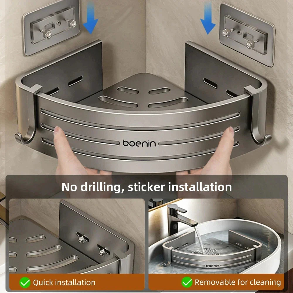 DecorBites™ Corner Shelf with Towel Bar Hook, Aluminum Organizer for Bathroom and Kitchen