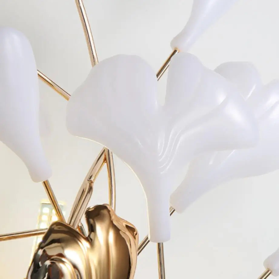 Romantic Flowers Foyer LED Wall Lamp - Ceramics and Leaf Artistic Sconce with Gold Metal Accents for Bedrooms, Hotels, and Artful Decor