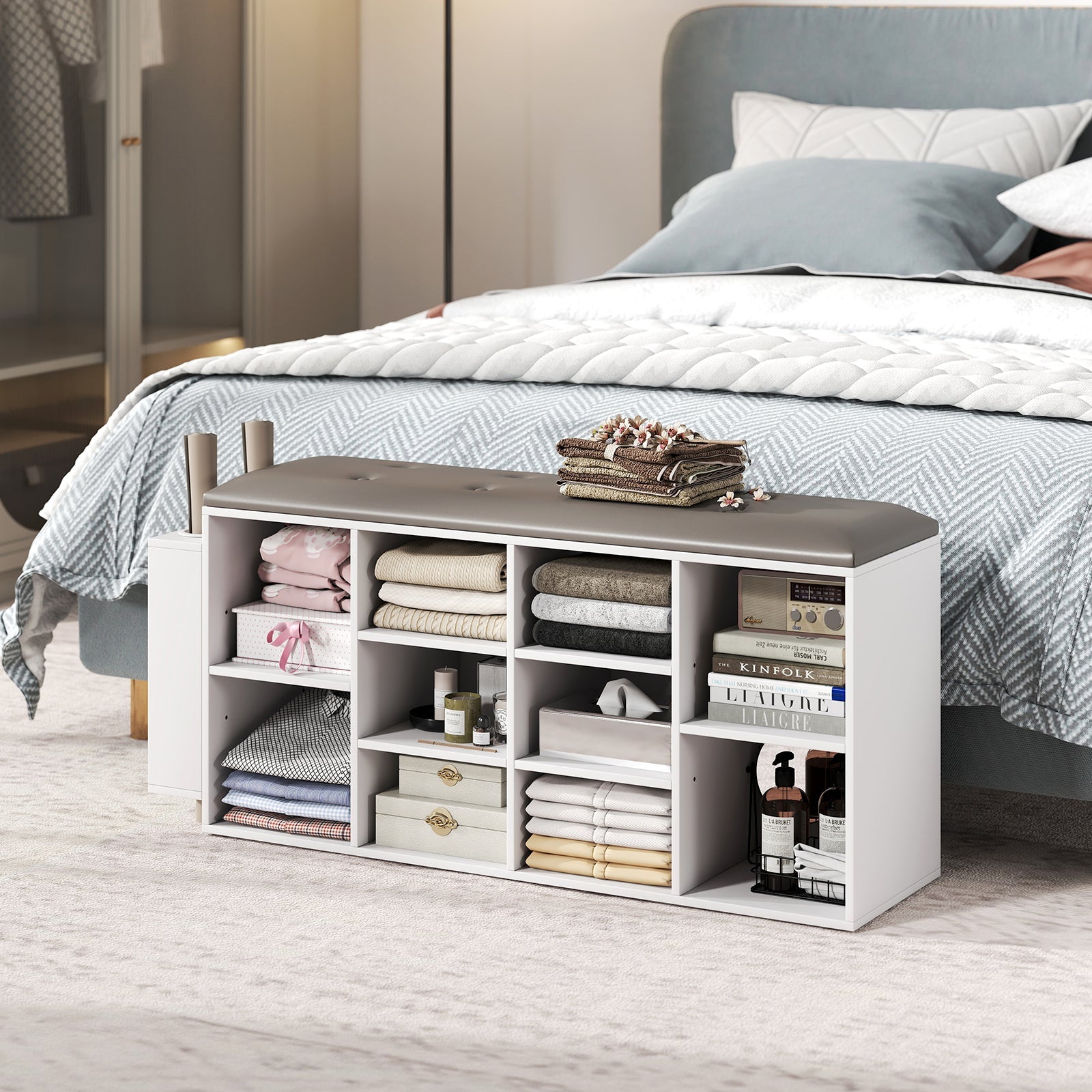 Shoe Storage Bench with Umbrella Stand and Adjustable Shelf-White