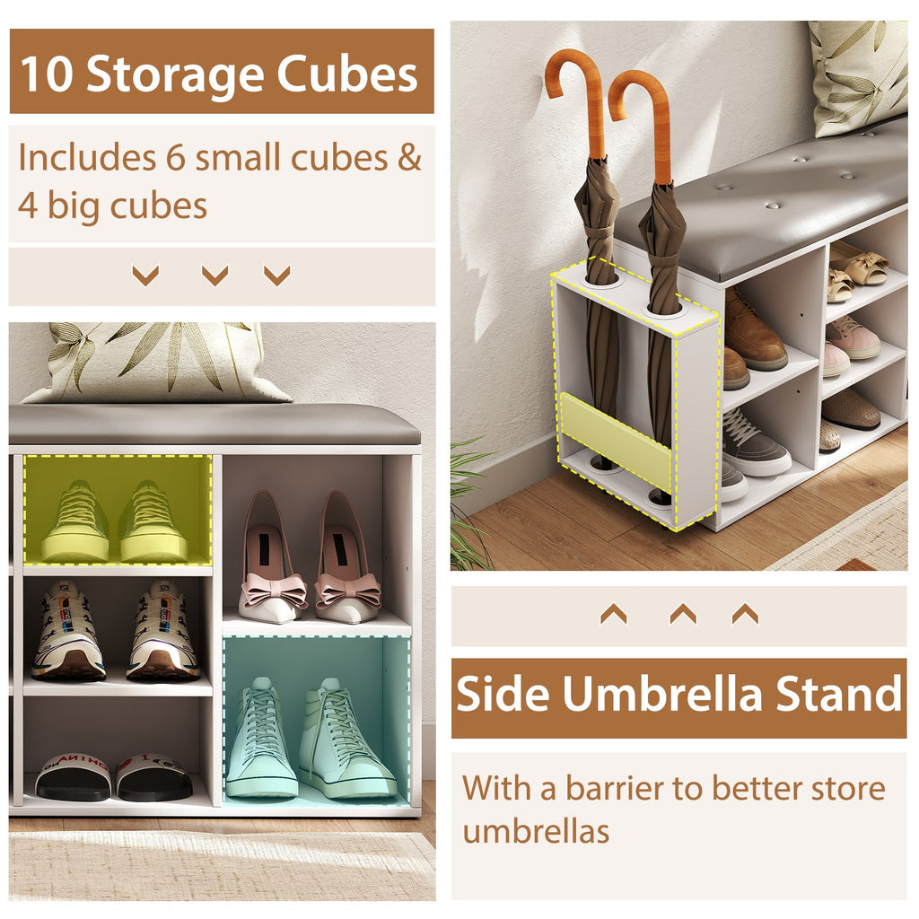 Shoe Storage Bench with Umbrella Stand and Adjustable Shelf-White