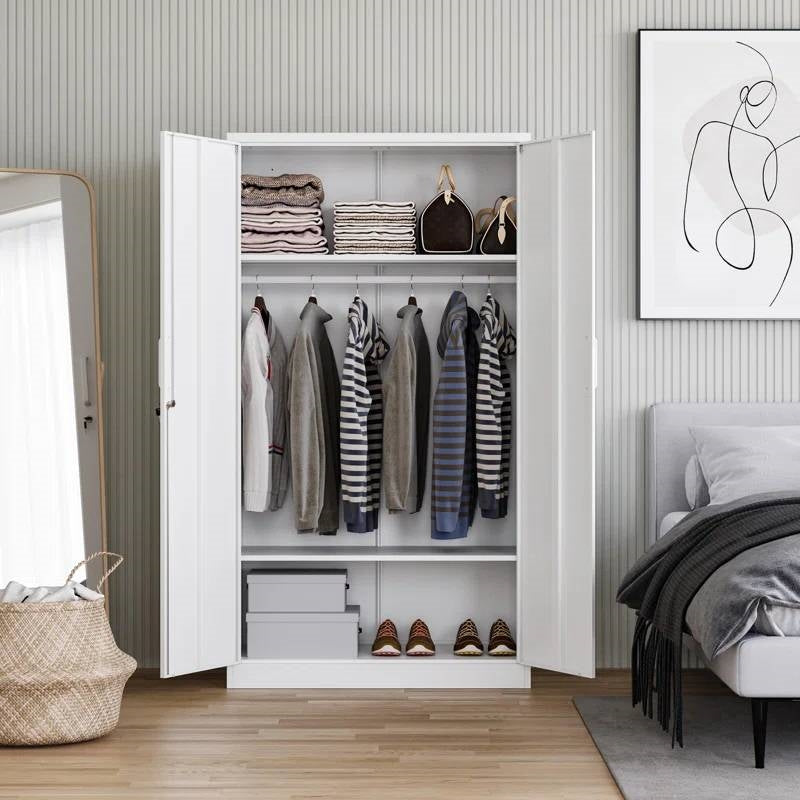 White Metal Locking Wardrobe Armoire – With Hanging Rod
