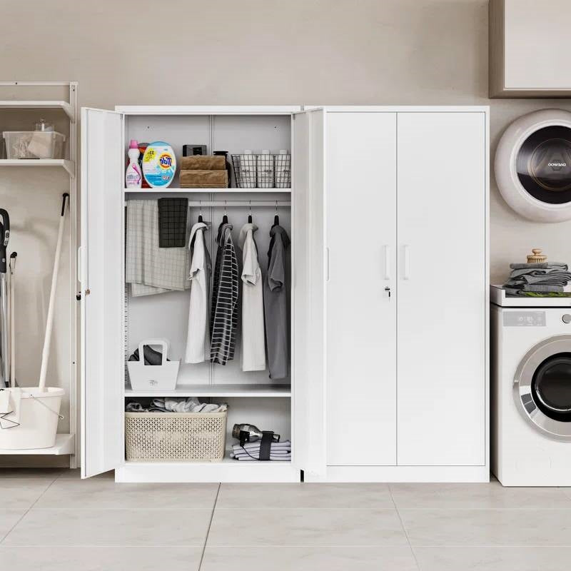 White Metal Locking Wardrobe Armoire – With Hanging Rod