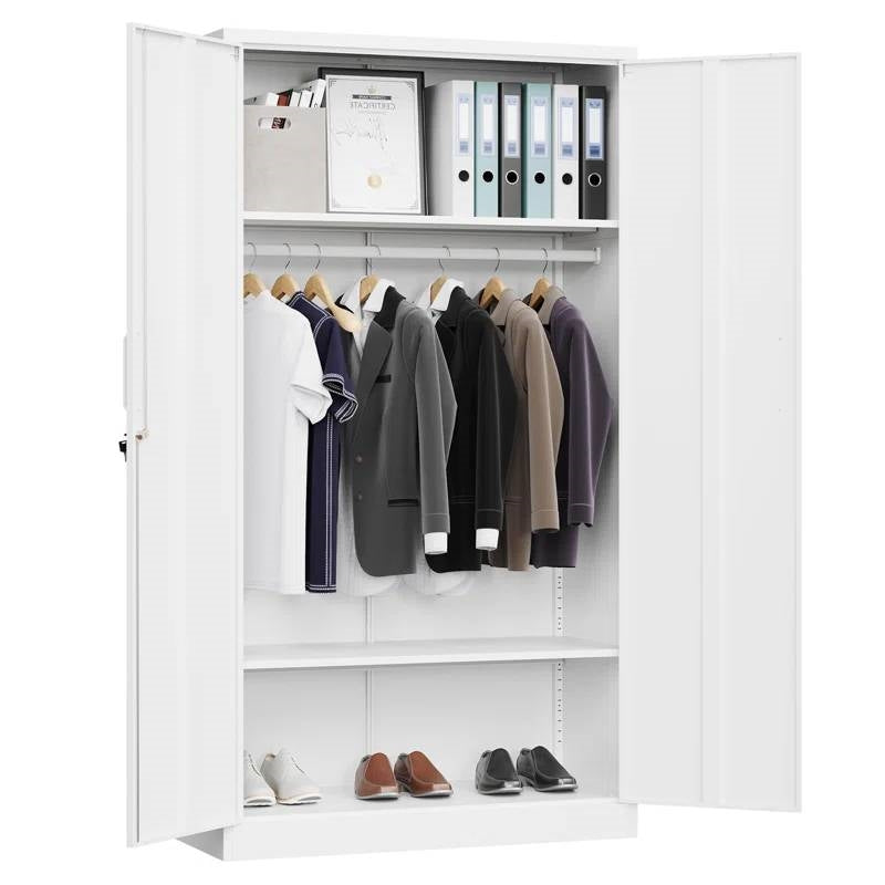 White Metal Locking Wardrobe Armoire – With Hanging Rod