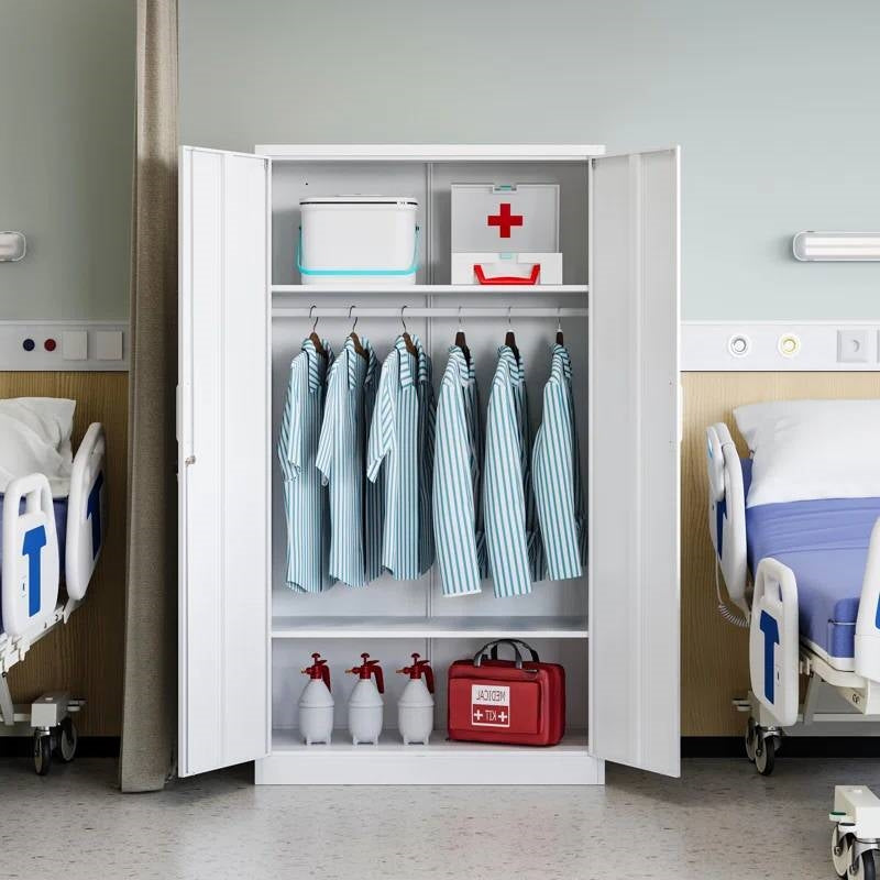 White Metal Locking Wardrobe Armoire – With Hanging Rod