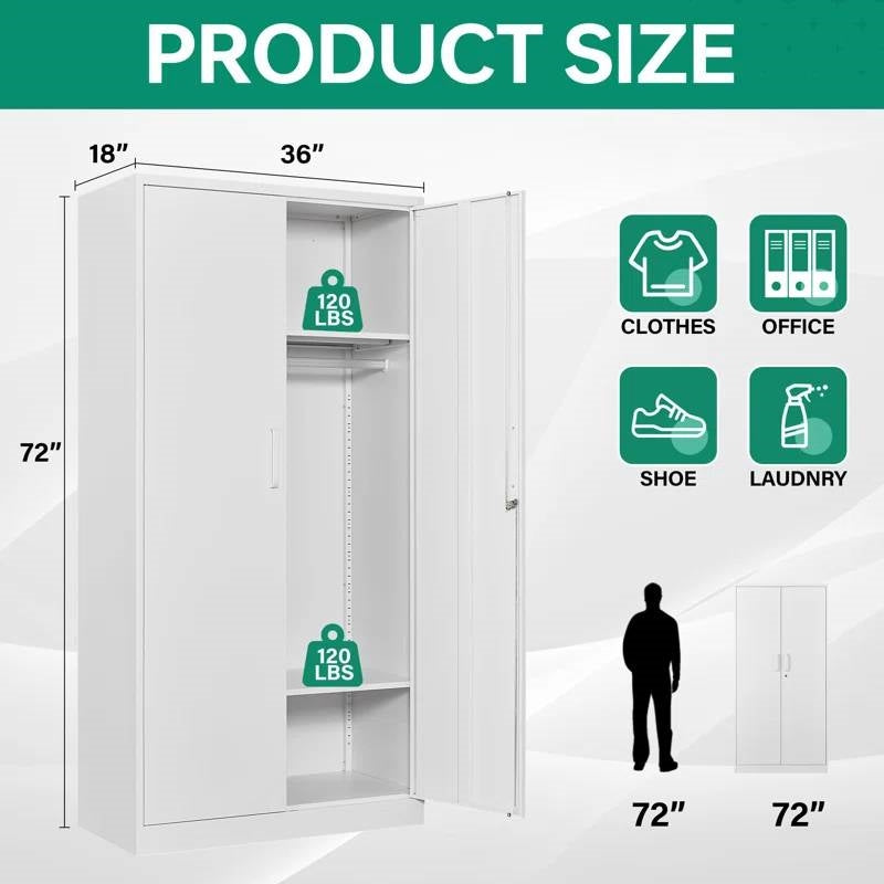White Metal Locking Wardrobe Armoire – With Hanging Rod