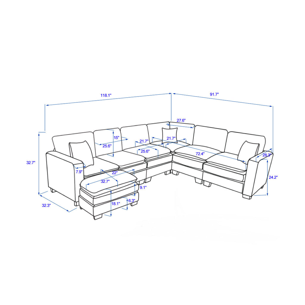 Modern U Shaped 6-Seat Sectional Sofa Couch with Ottoman