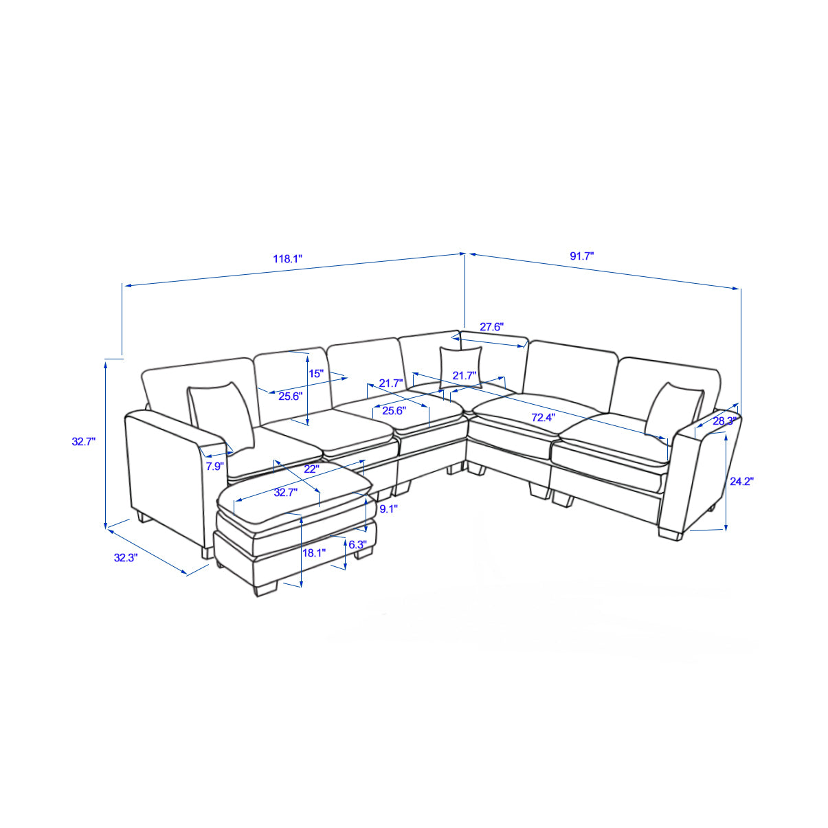 Modern U Shaped 6-Seat Sectional Sofa Couch with Ottoman