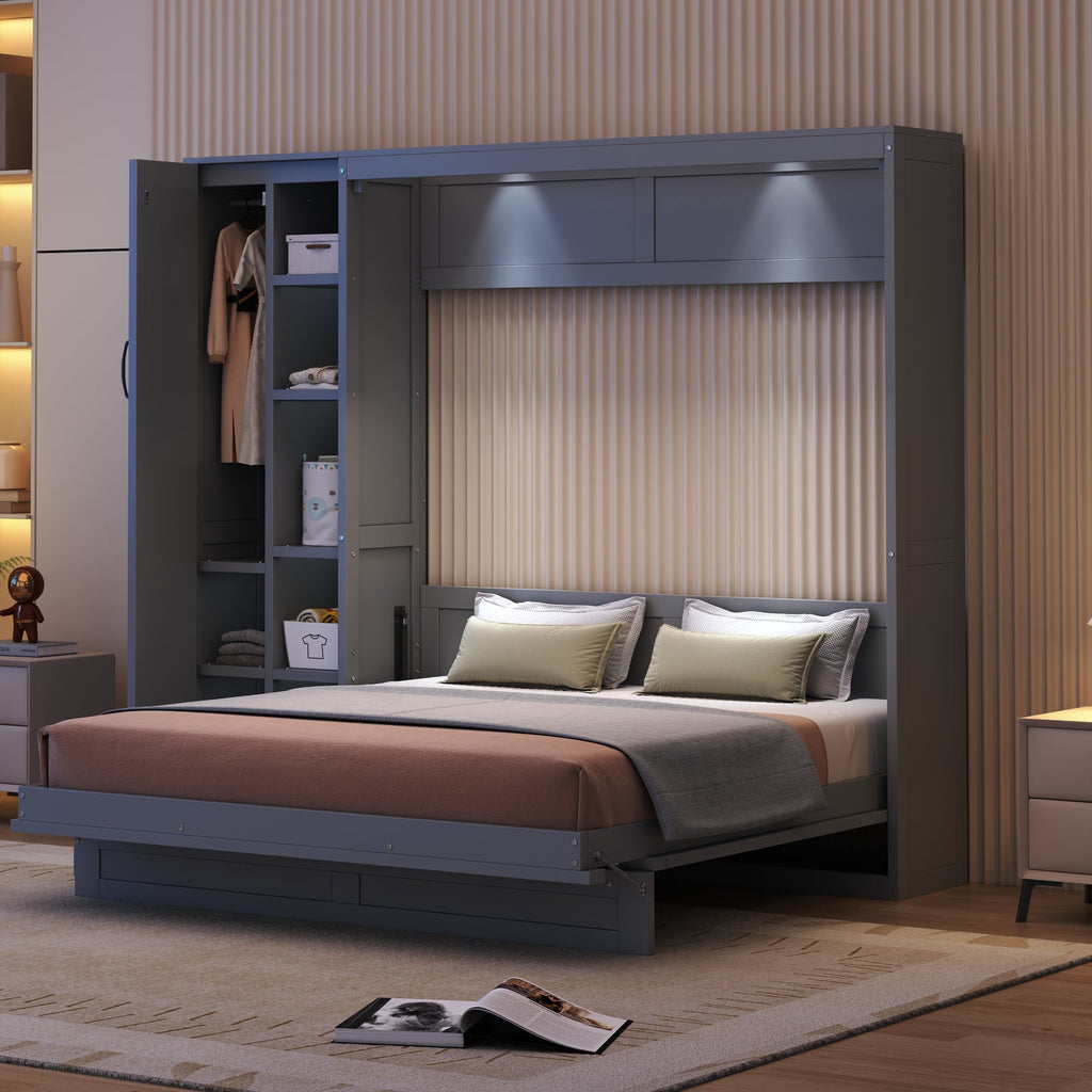 Queen Size Murphy Bed Wall Bed with Shelves, Wardrobe and LED Lights, Gray