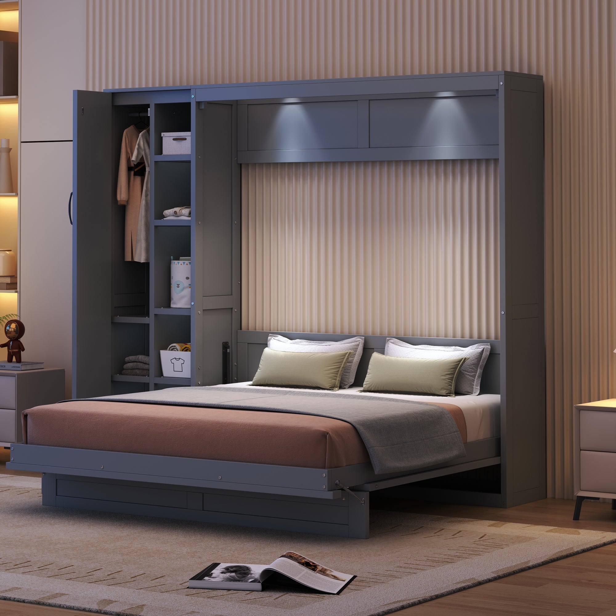 Queen Size Murphy Bed Wall Bed with Shelves, Wardrobe and LED Lights, Gray