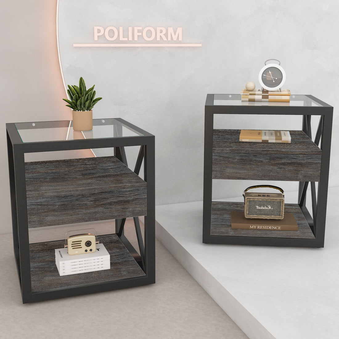 Set of 2 Modern End Tables with Drawer - Nightstand