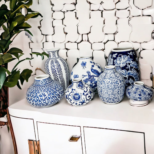 Blue Porcelain Plant Vases Set, Modern Indoor Decorative Planters For Home