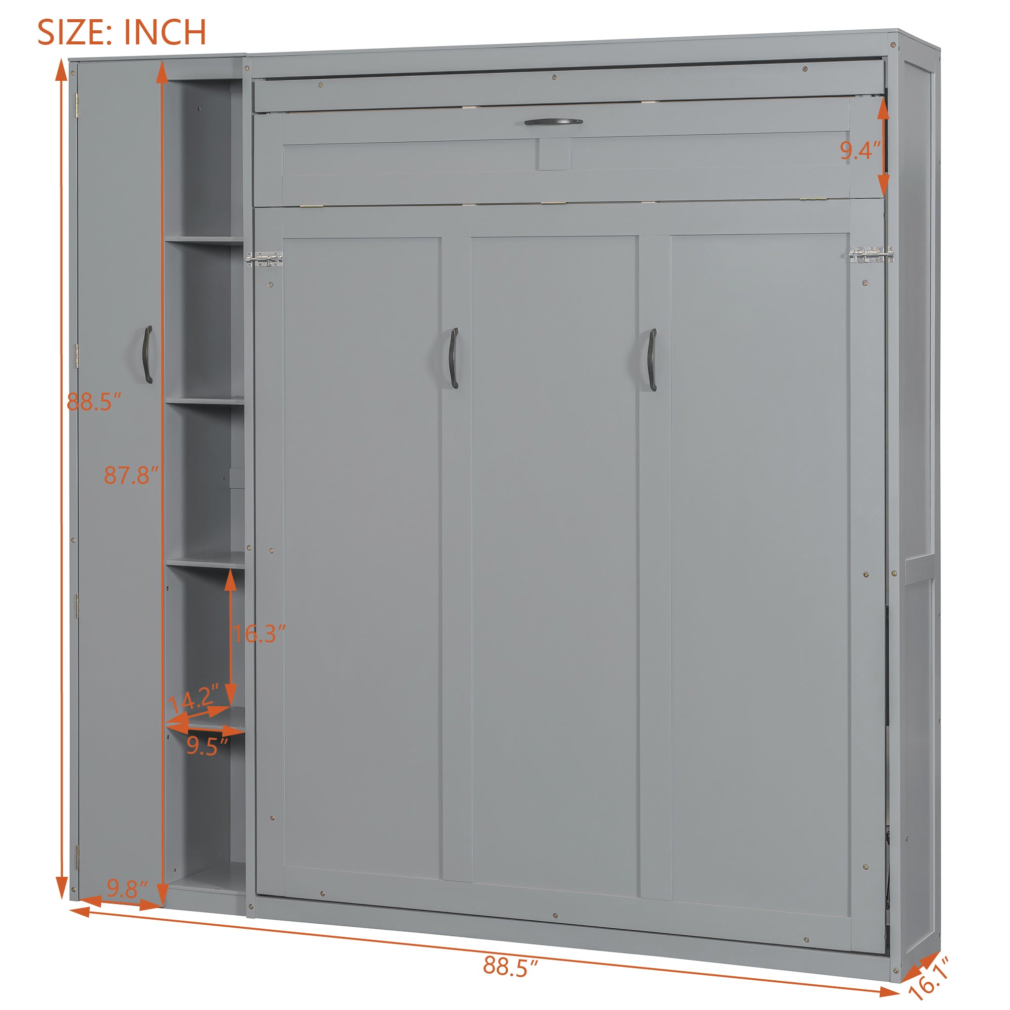 Queen Size Murphy Bed Wall Bed with Shelves, Wardrobe and LED Lights, Gray
