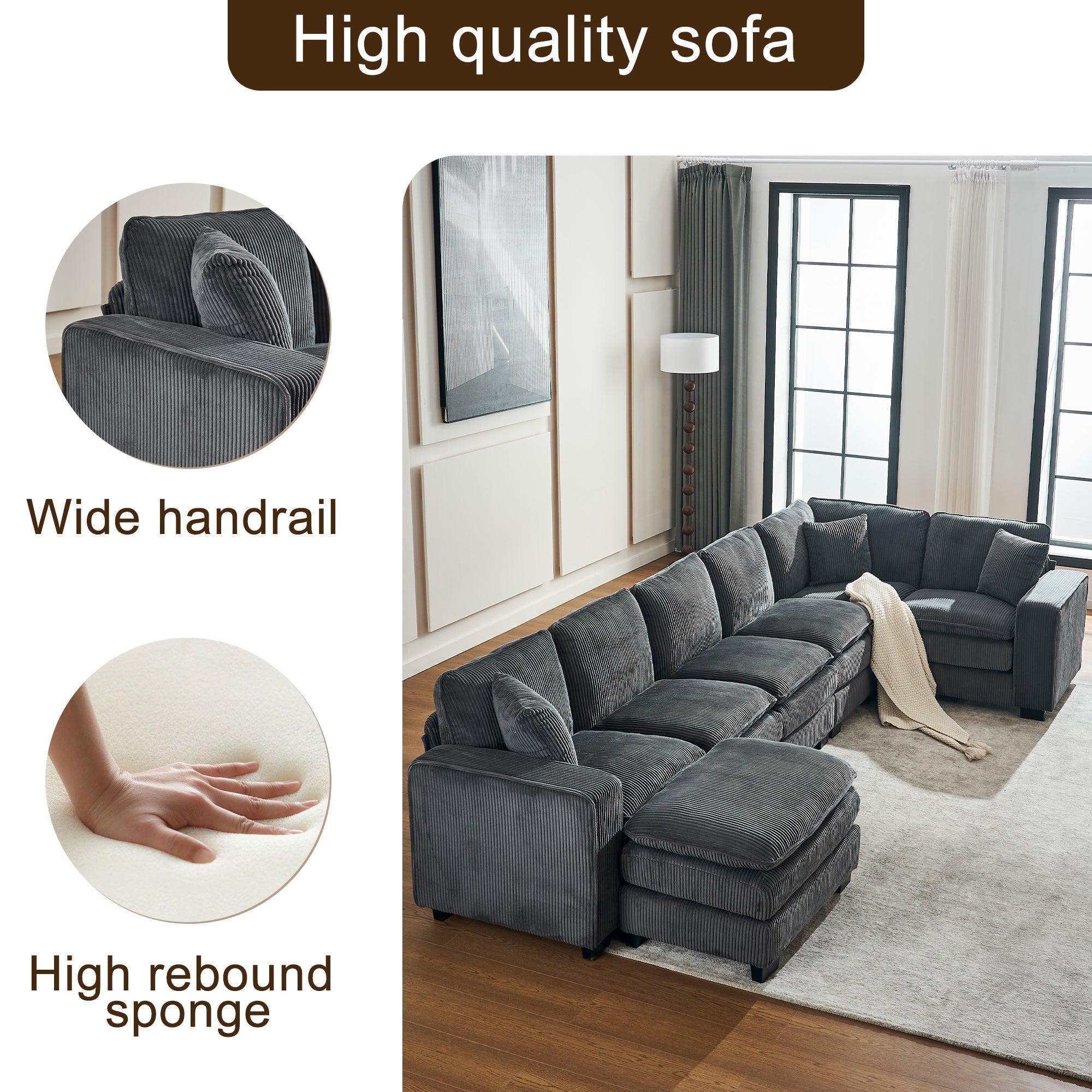 Modern U Shaped 6-Seat Sectional Sofa Couch with Ottoman