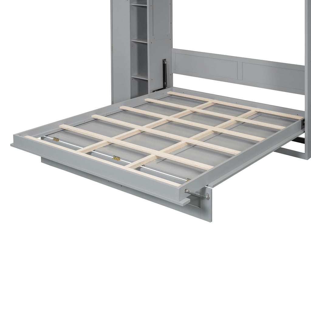 Queen Size Murphy Bed Wall Bed with Shelves, Wardrobe and LED Lights, Gray