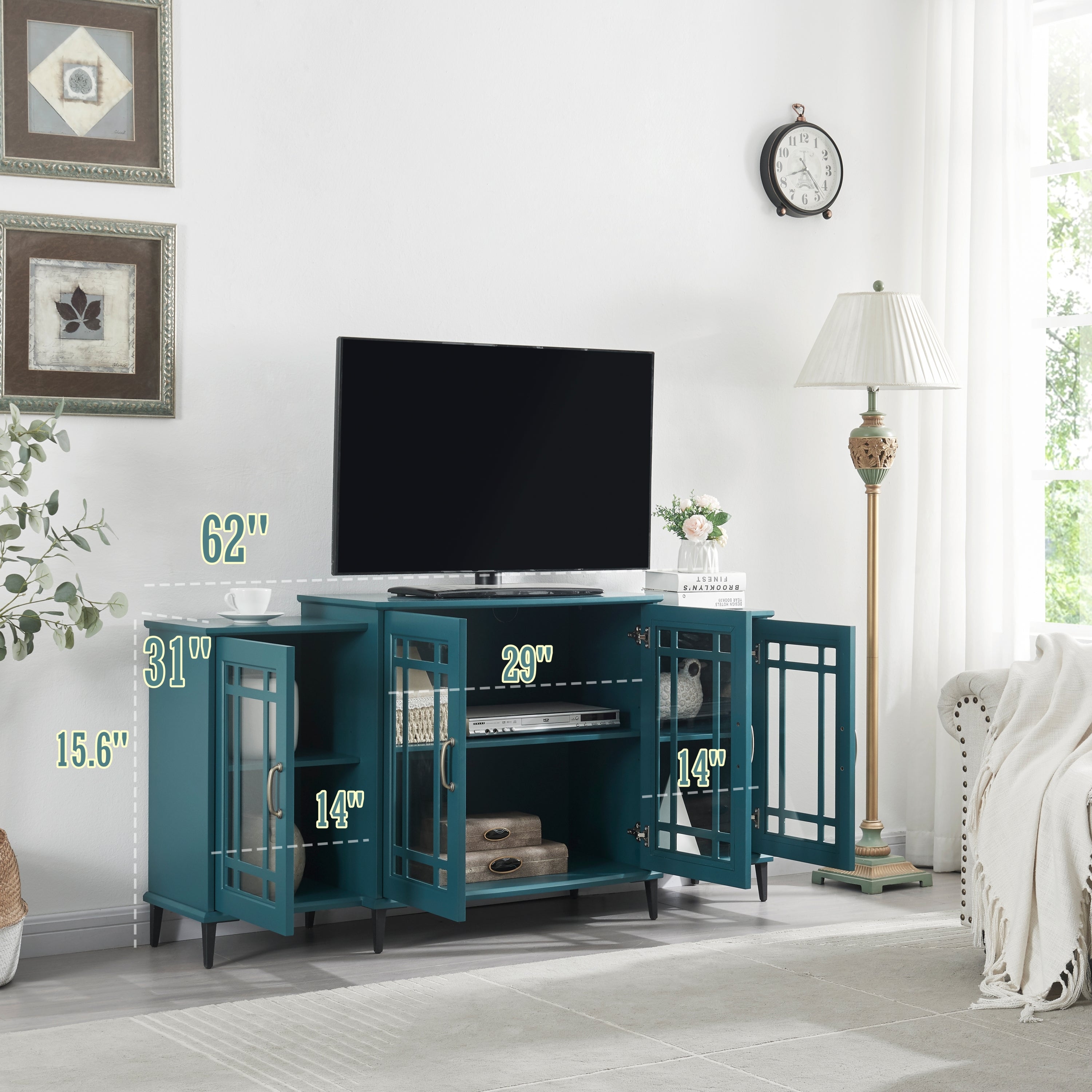 62' TV Stand, Buffet Sideboard Cabinet, Teal Blue