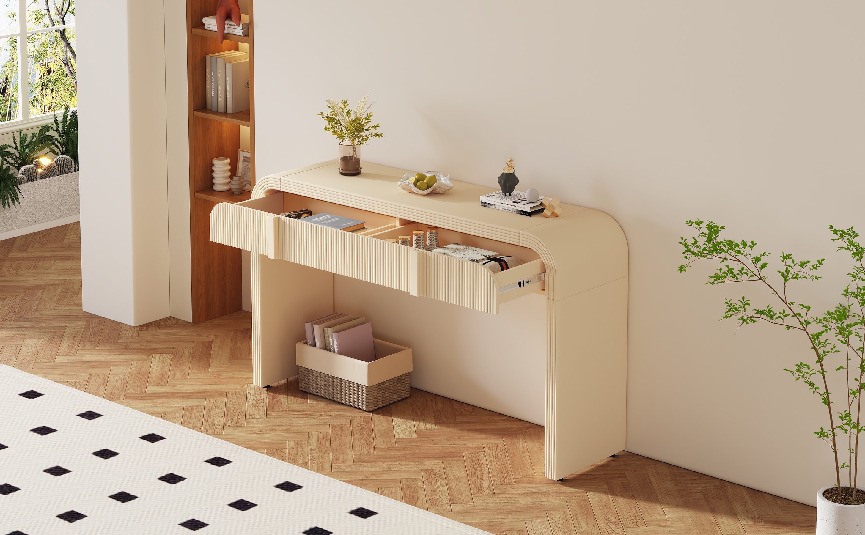 Entrance way tables, your 1st impression and convenience at hand. Modern Console Table with 2 Storage Drawers, Fluted Entryway Table with Rounded Silhouette for Hallway Living Room and Entryway (Apricot Cream)