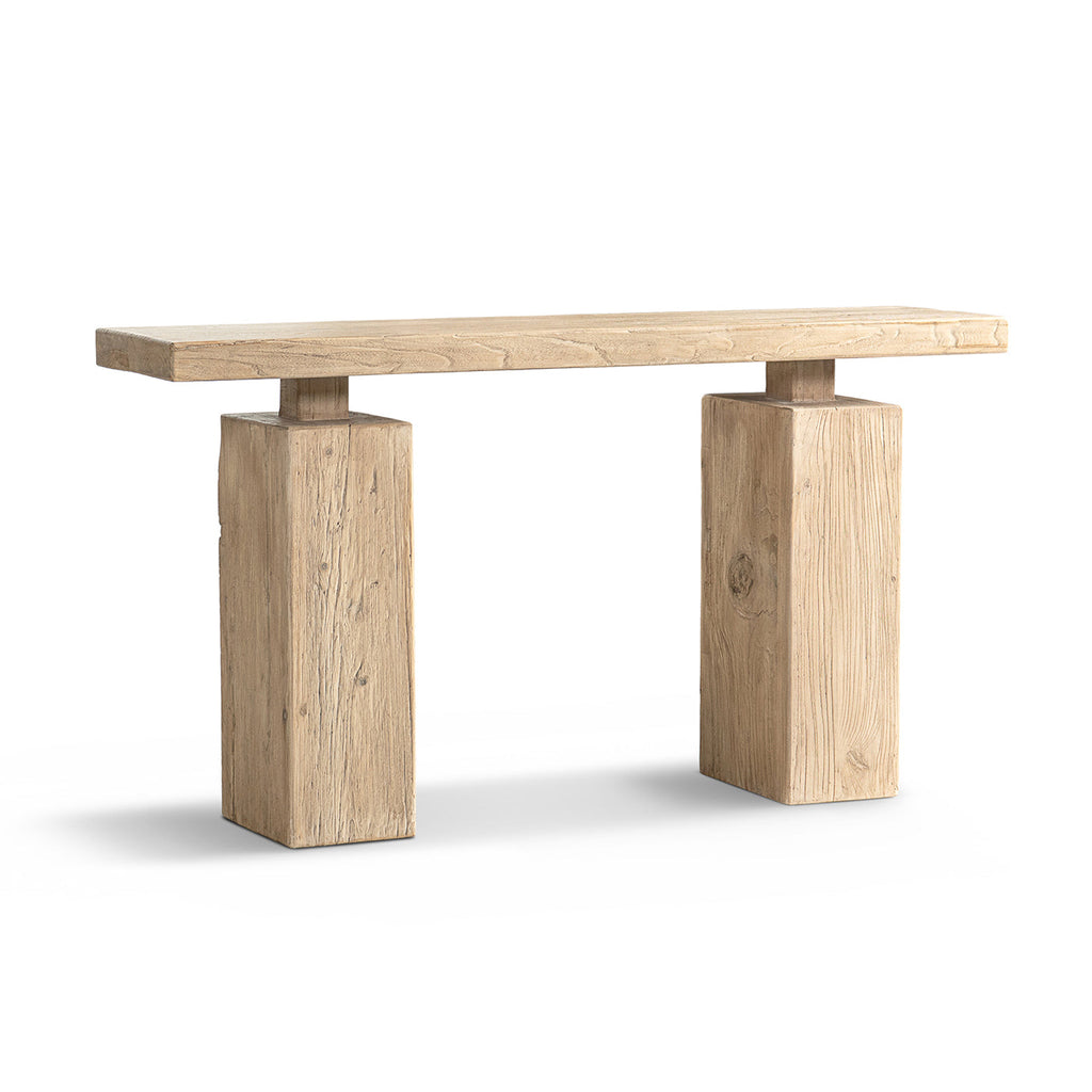 Calder 60' Solid Reclaimed Elm Plinth Console Table, Heritage Light Natural Brown