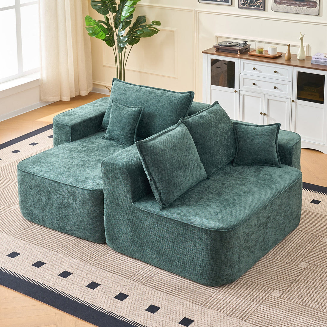 Modern Green Chenille L Shaped Sectional Sofa with Chaise