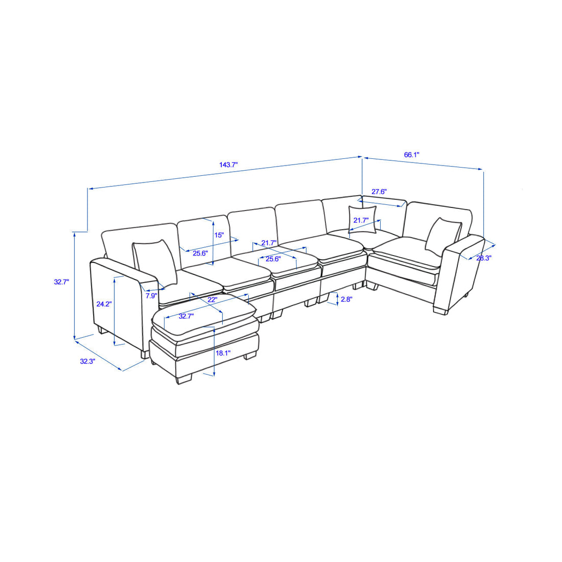Modern U Shaped 6-Seat Sectional Sofa Couch with Ottoman