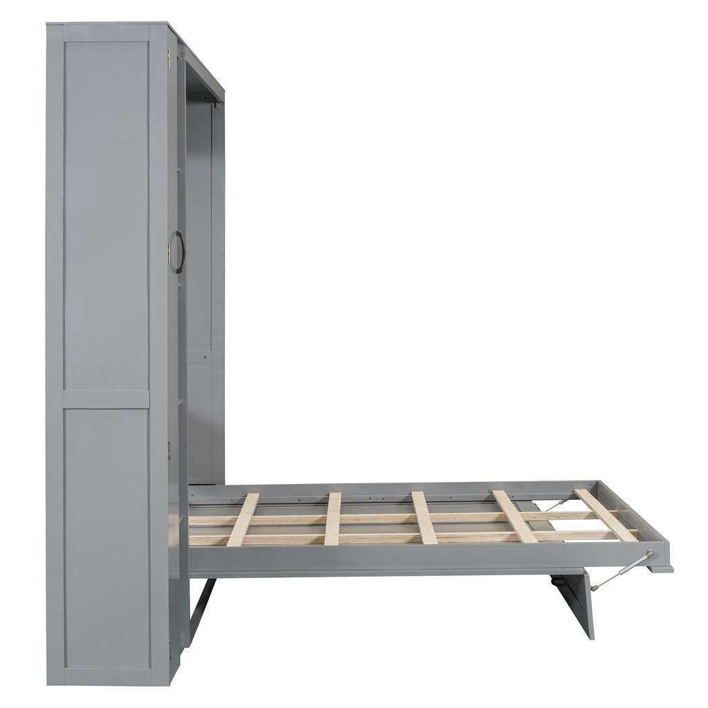 Queen Size Murphy Bed Wall Bed with Shelves, Wardrobe and LED Lights, Gray