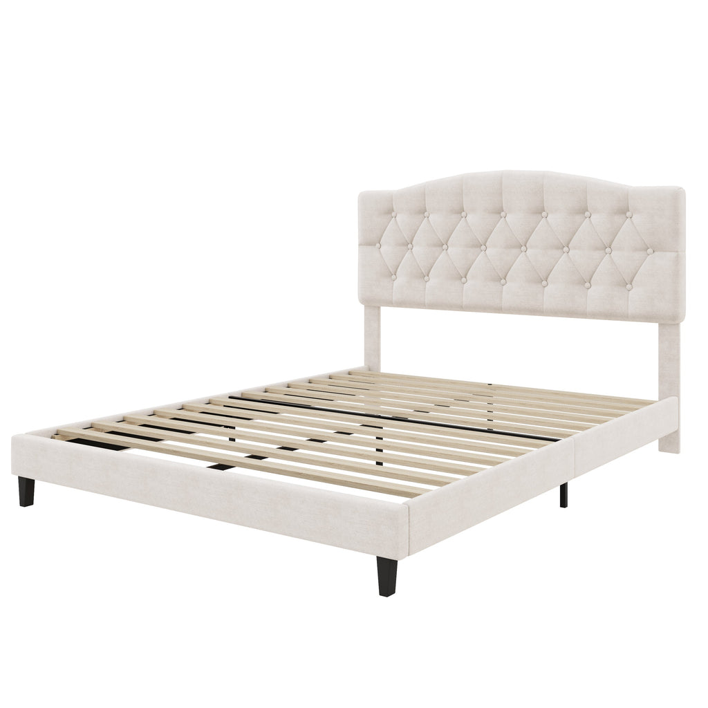 Upholstered Platform Bed with Saddle Curved Adjustable Headboard and Diamond Tufted Details