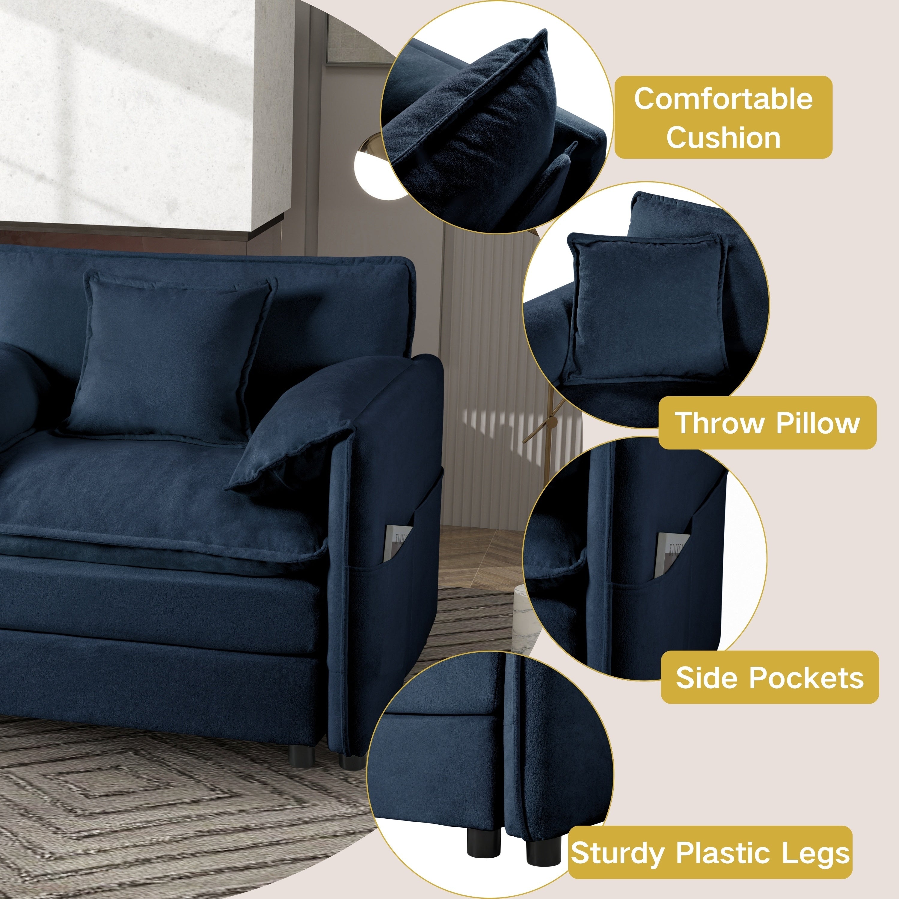 Modern Chenille Oversized Deep Seat Sectional Sofa