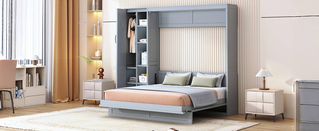 Queen Size Murphy Bed Wall Bed with Shelves, Wardrobe and LED Lights, Gray