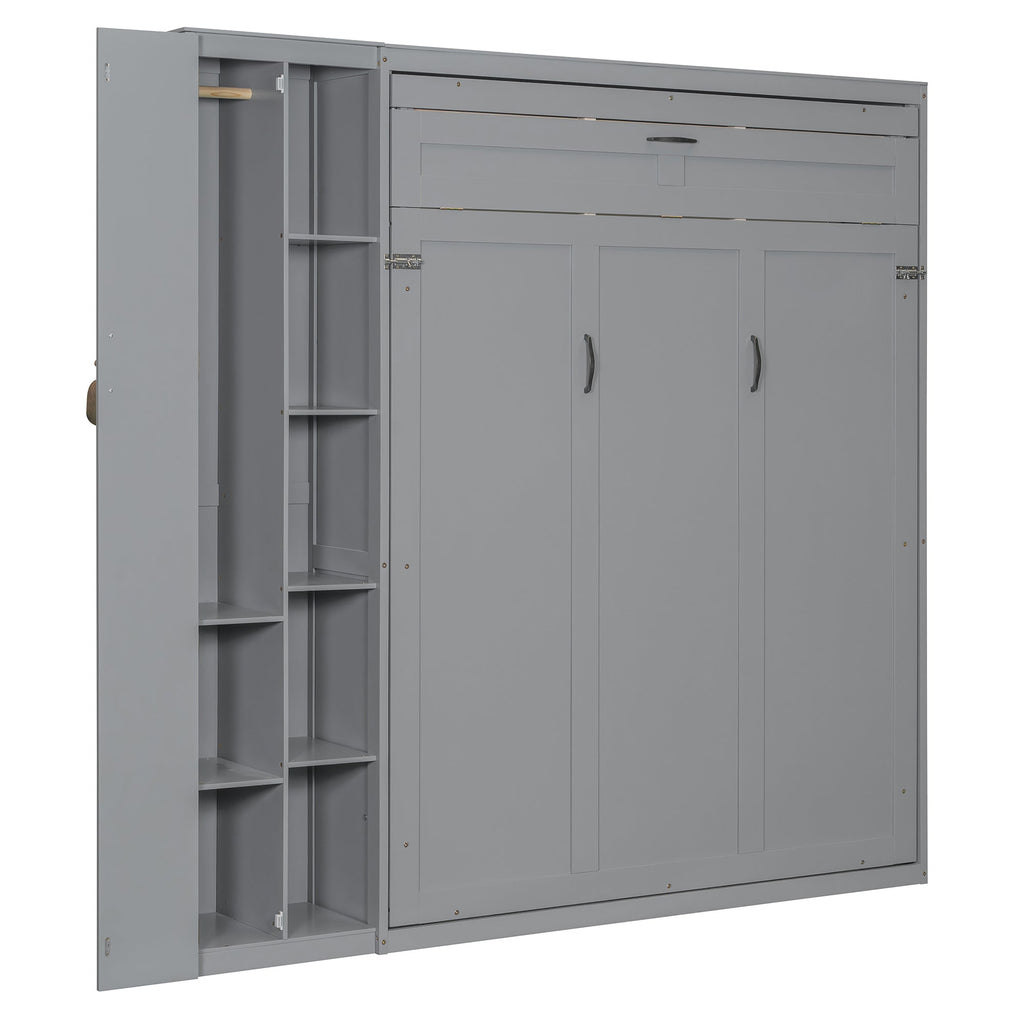 Queen Size Murphy Bed Wall Bed with Shelves, Wardrobe and LED Lights, Gray