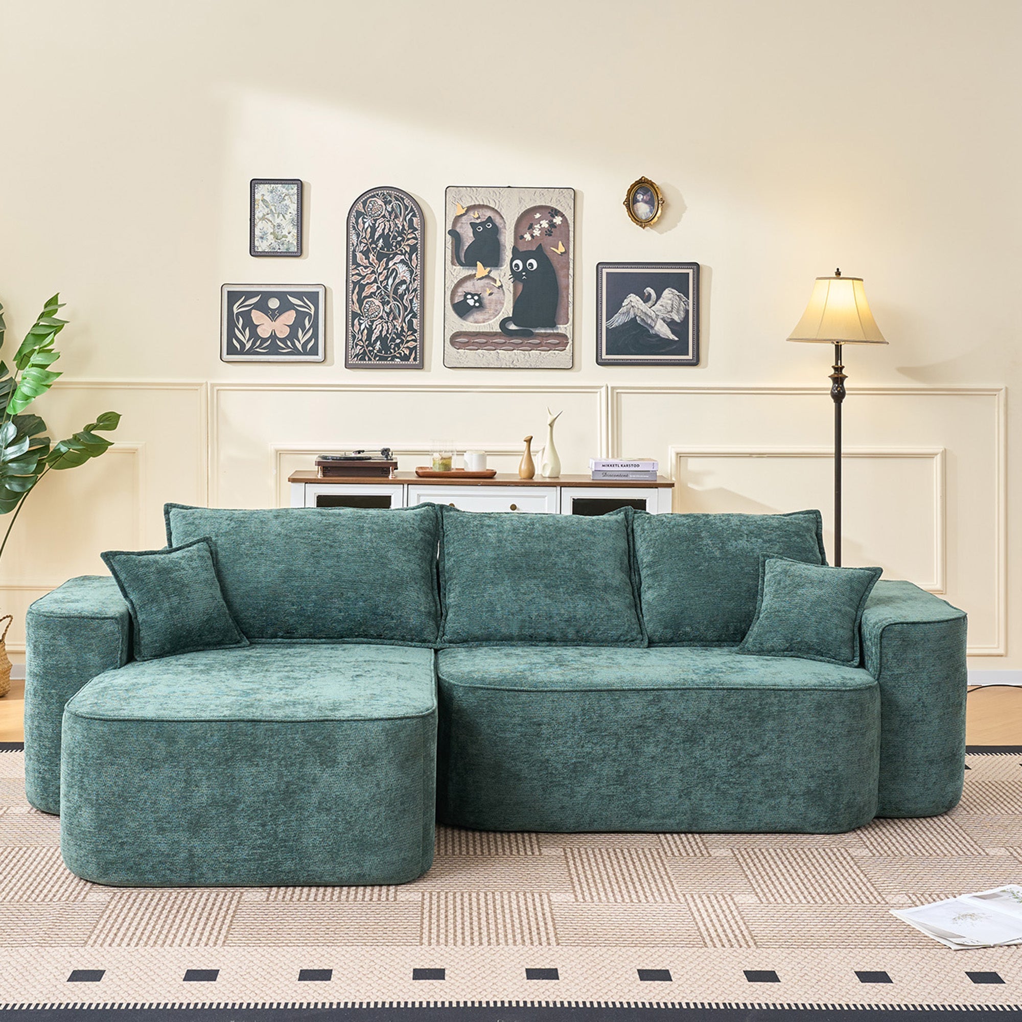 Modern Green Chenille L Shaped Sectional Sofa with Chaise