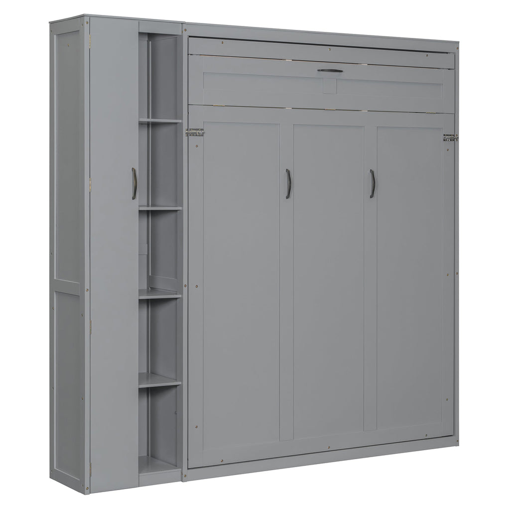 Queen Size Murphy Bed Wall Bed with Shelves, Wardrobe and LED Lights, Gray