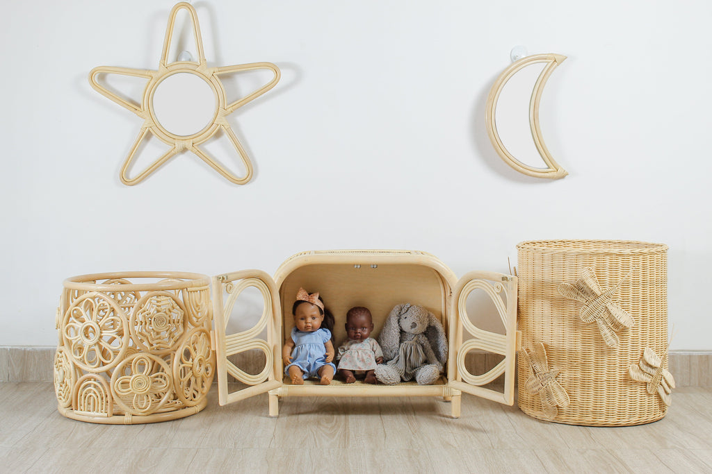 Rattan Moon Wall Mirror – Boho Space & Mystical Kids Room Decor