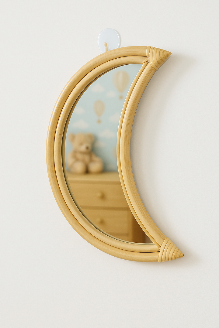 Rattan Moon Wall Mirror – Boho Space & Mystical Kids Room Decor