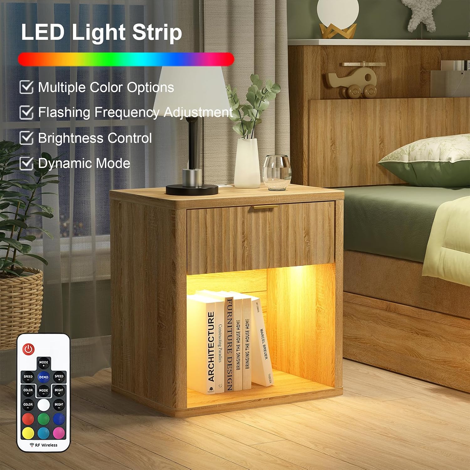 Fluted LED Nightstand with Charging Station, Drawer Side Tables, Oak - Vektaya