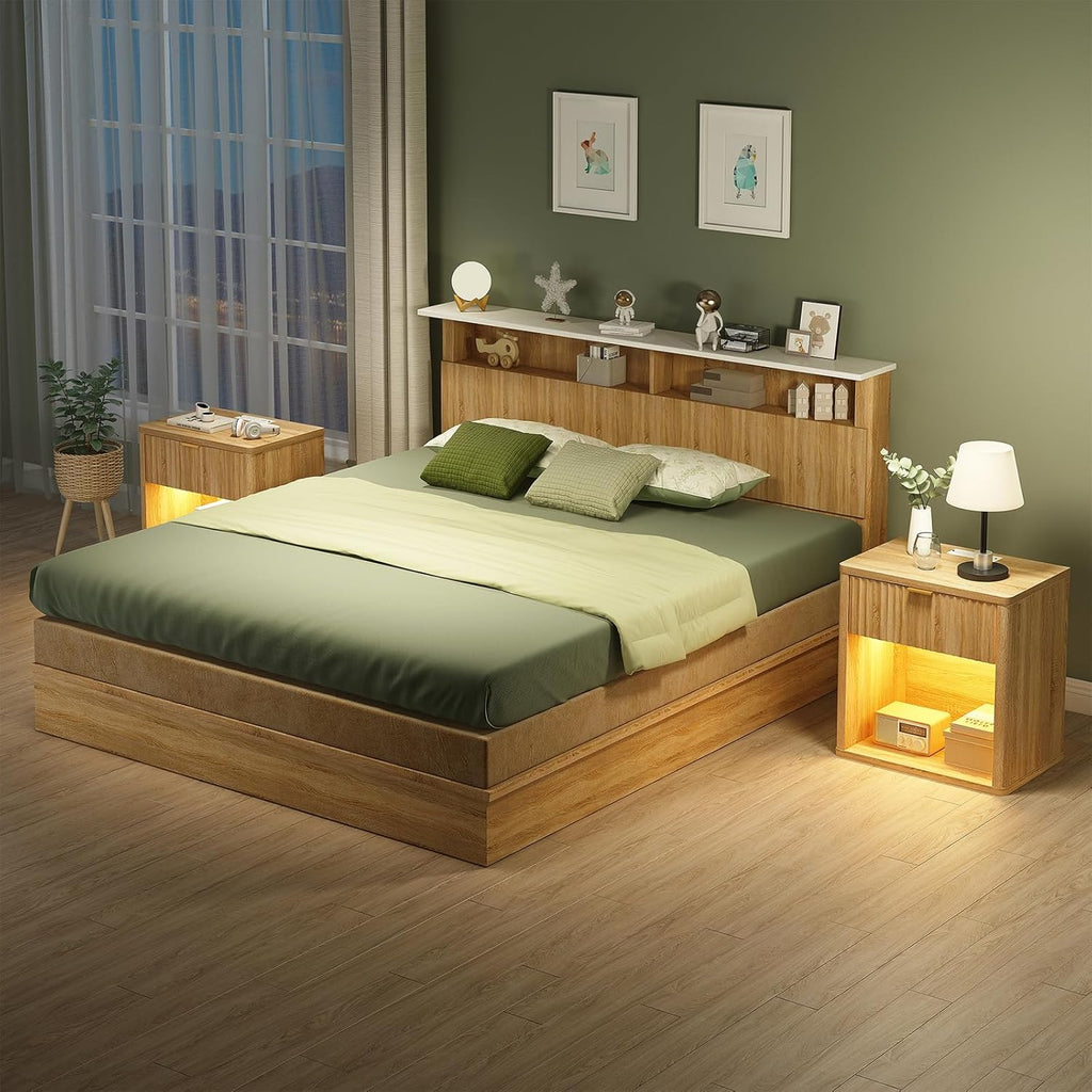 Fluted LED Nightstand with Charging Station, Drawer Side Tables, Oak - Vektaya