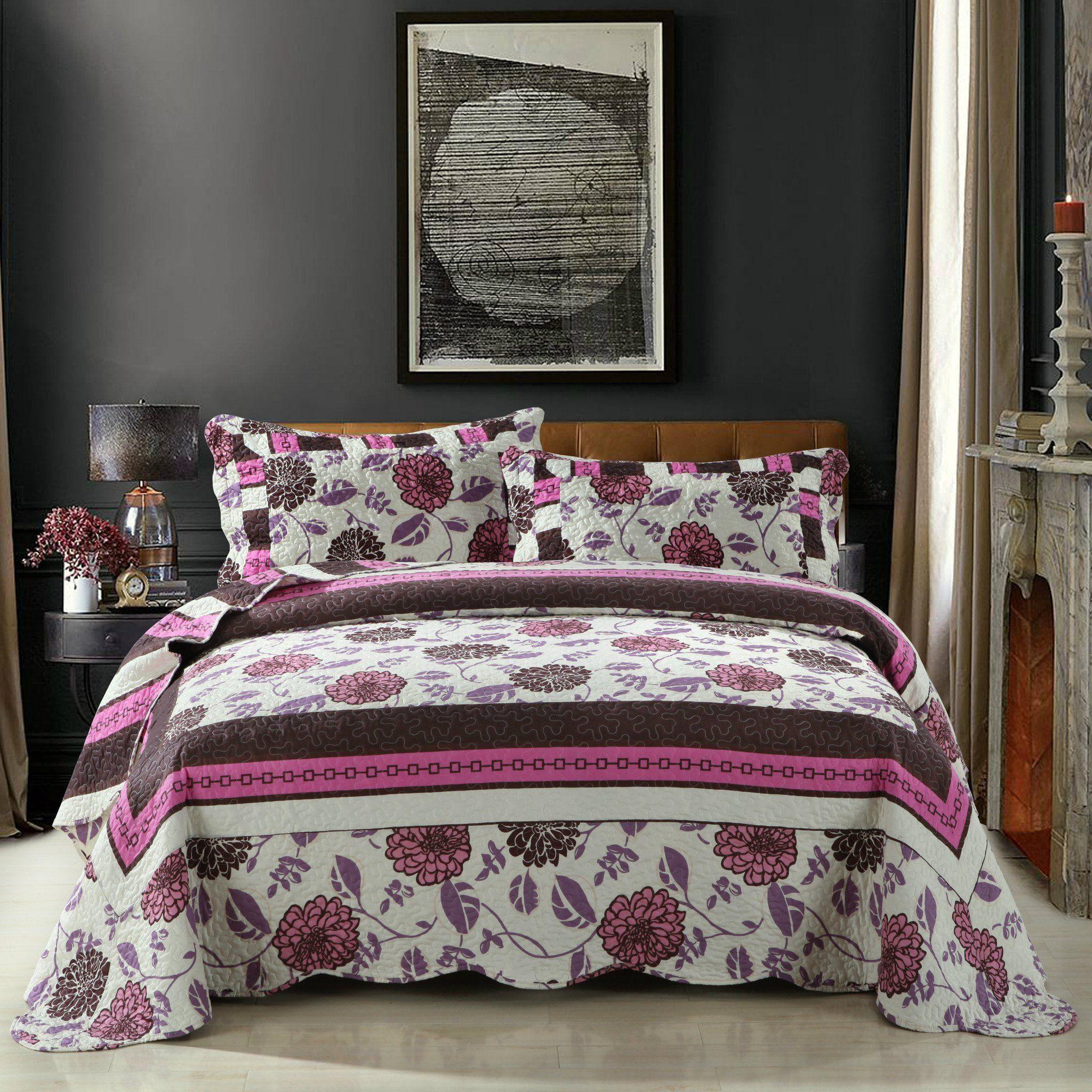 Bohemian Purple Blooms Floral Bedspread Set – Pink & Brown (KBJ1629)